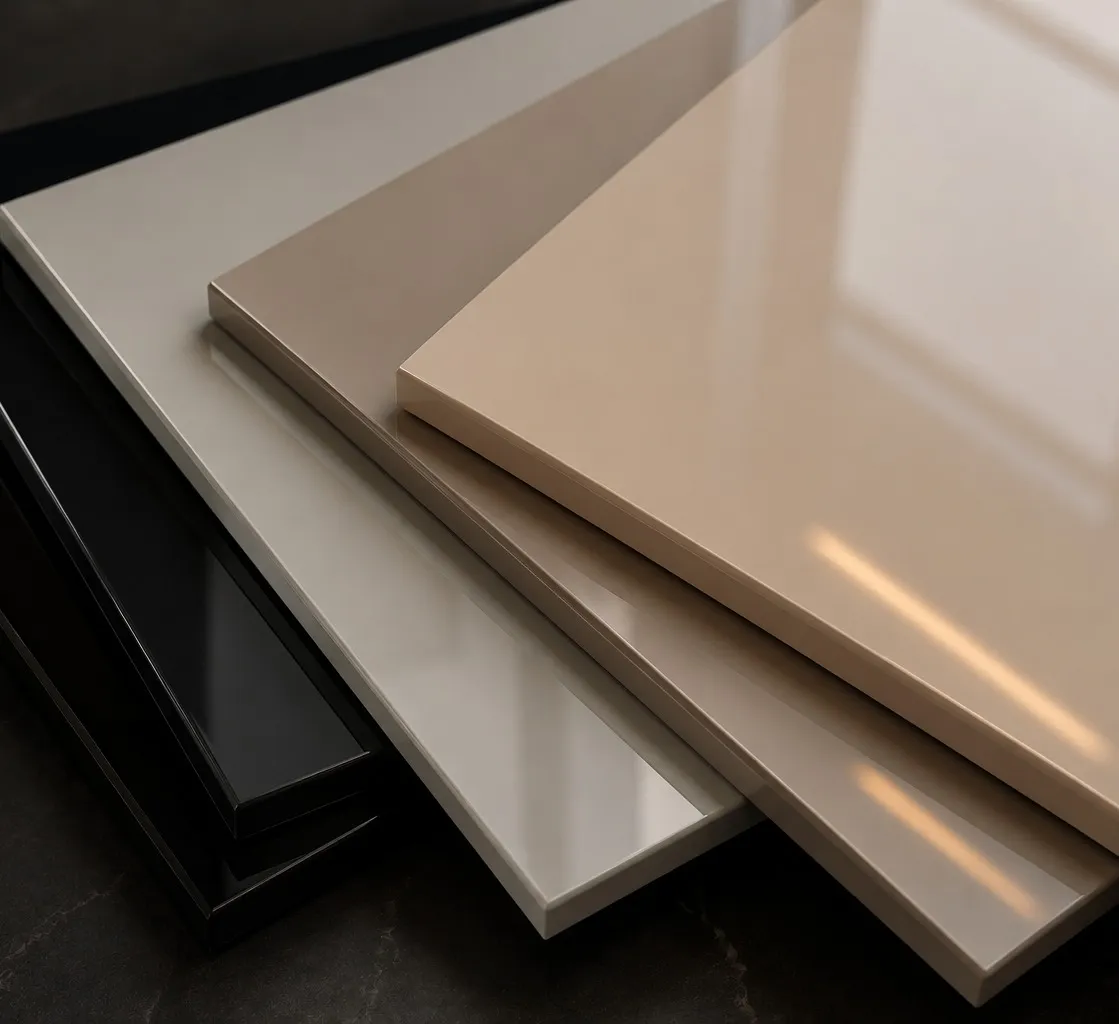 High-gloss acrylic sheet finishes in a neutral palette