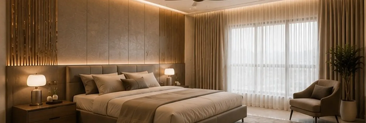 The same bedroom completed, with a panelled headboard wall and layered lighting