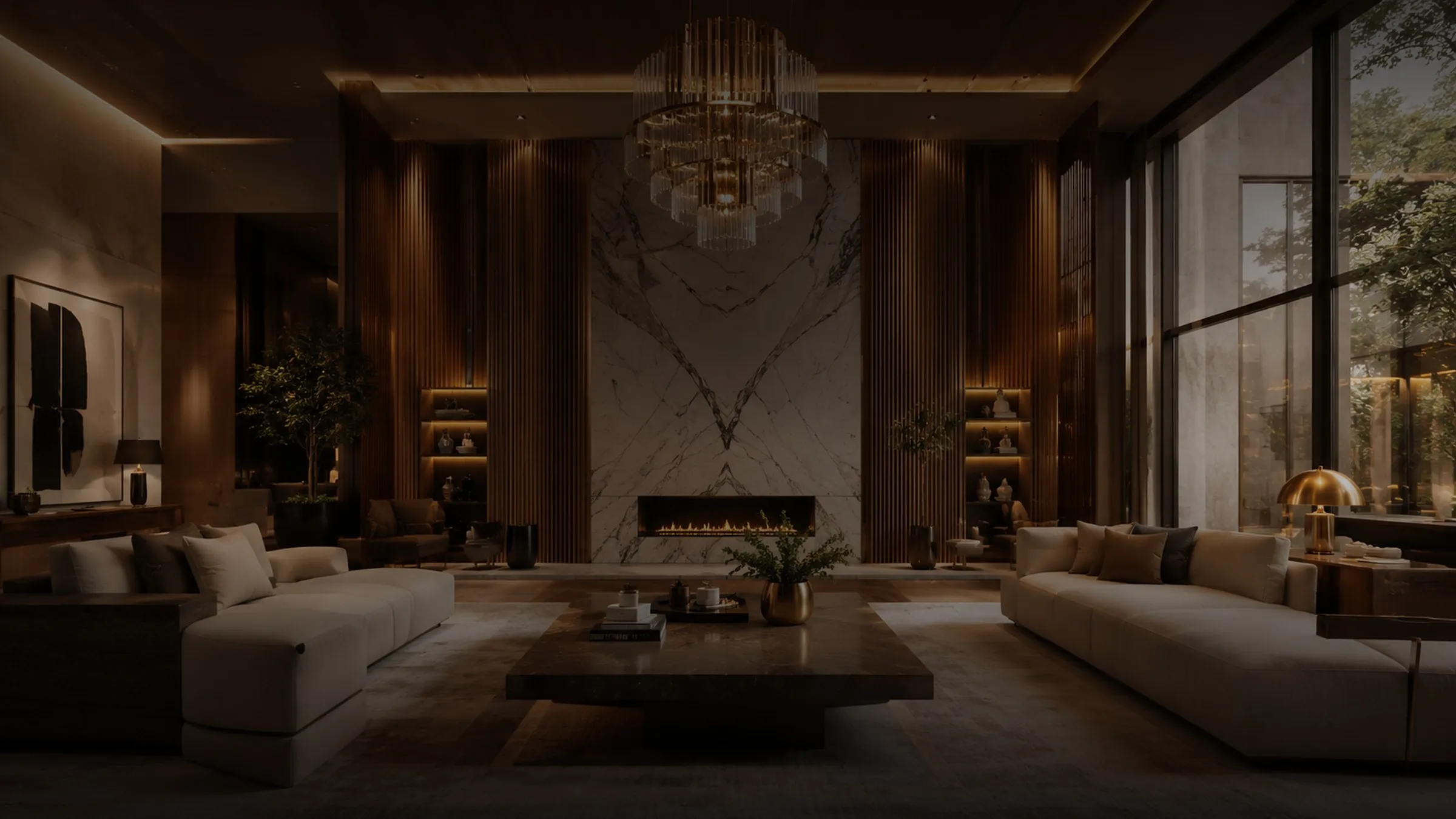 Double-height living room with a book-matched marble fireplace wall, walnut fluting and a brass chandelier