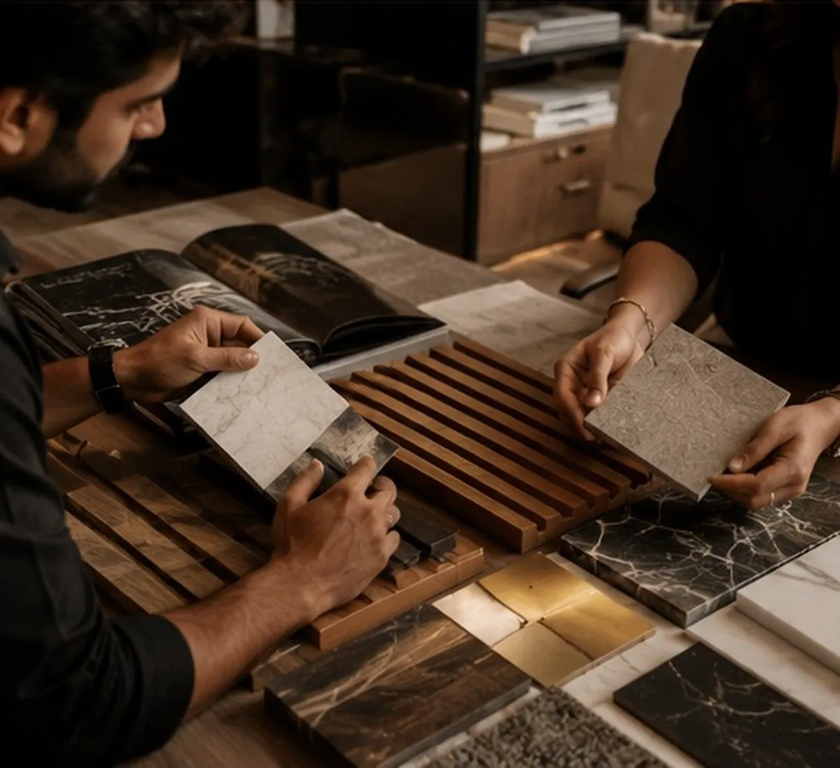 Stone and wood laminate samples laid out during selection