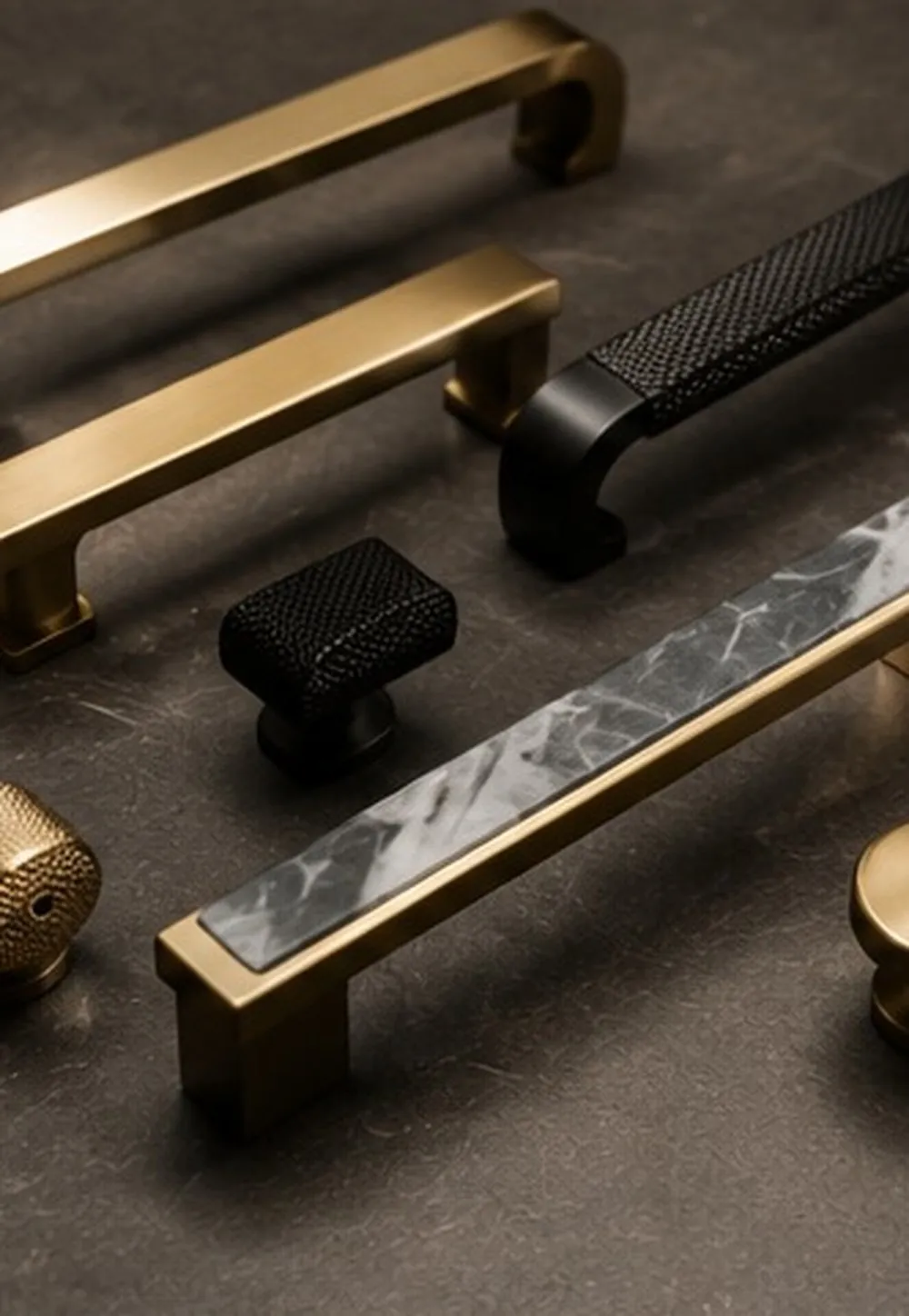 Brass and matte black cabinet handles arranged on dark stone