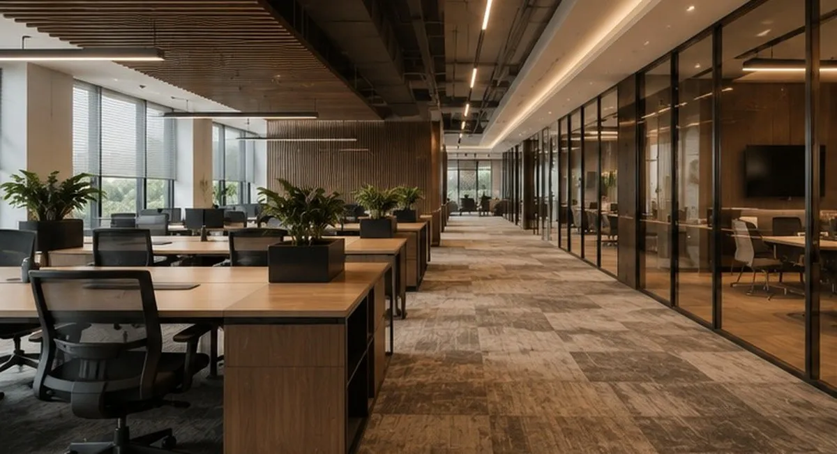 Open-plan office with timber ceiling battens and glazed meeting rooms