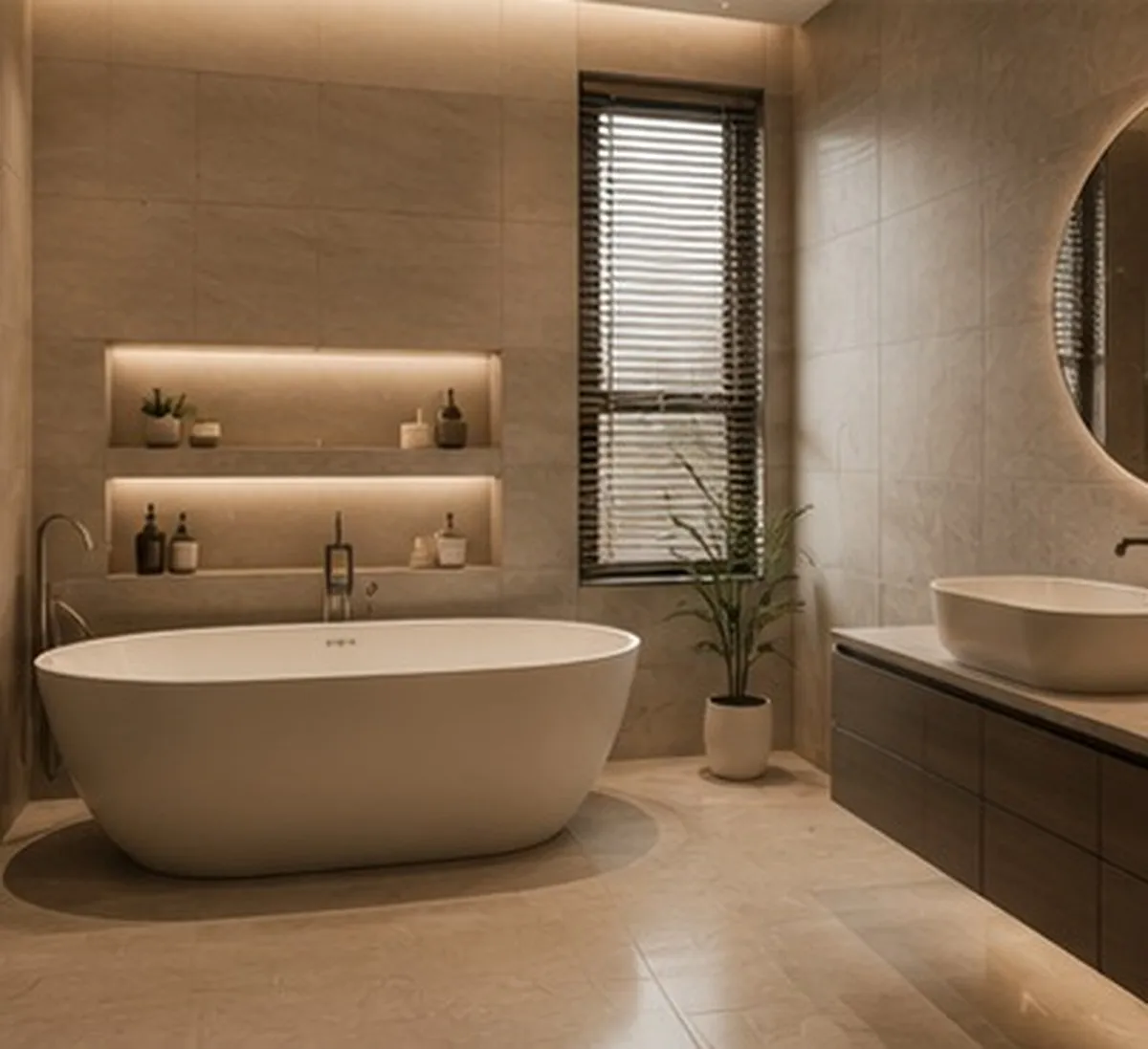 Spa bathroom with a freestanding tub and honed marble