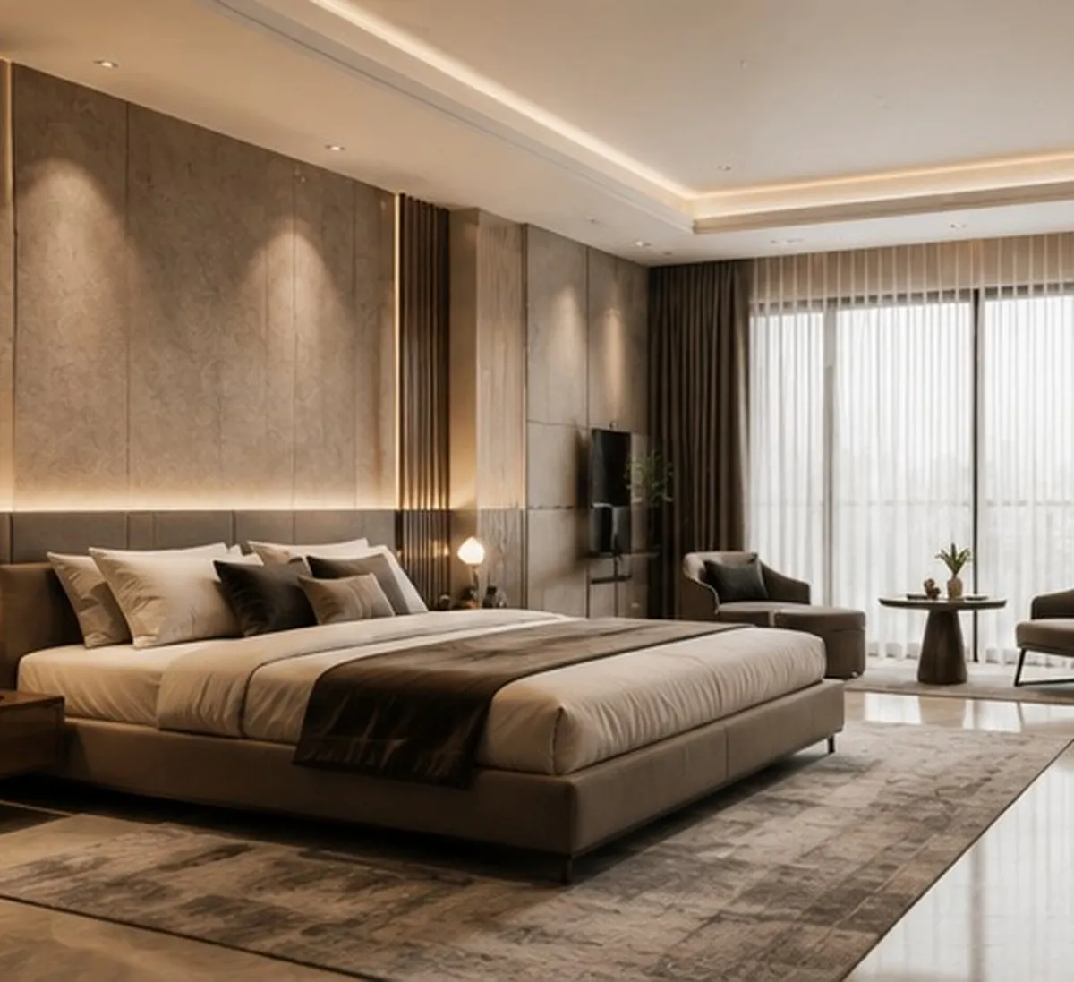 Master bedroom in linen textures with soft daylight