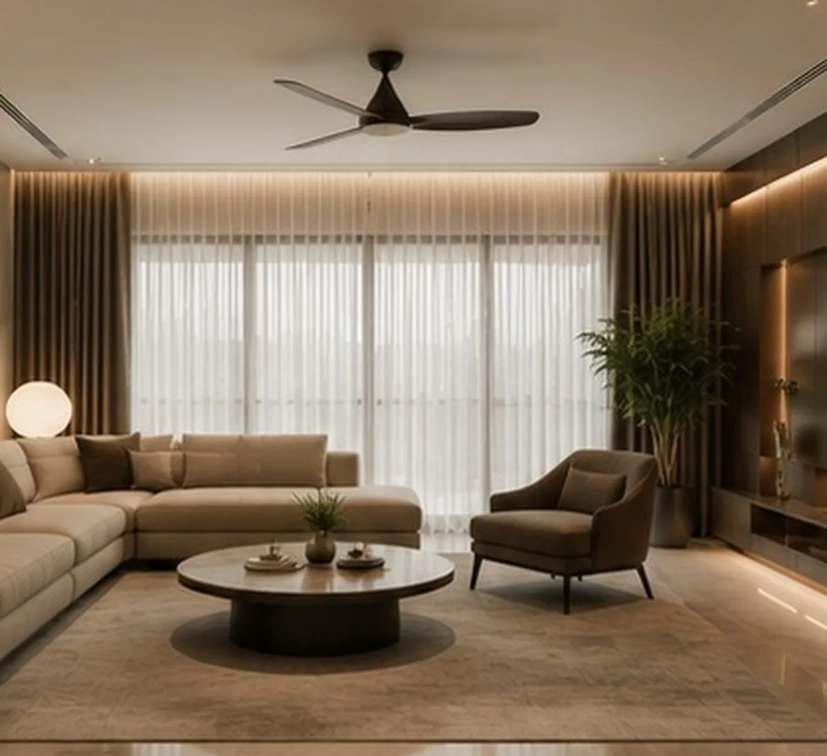 Living room in walnut and bouclé under warm ambient light