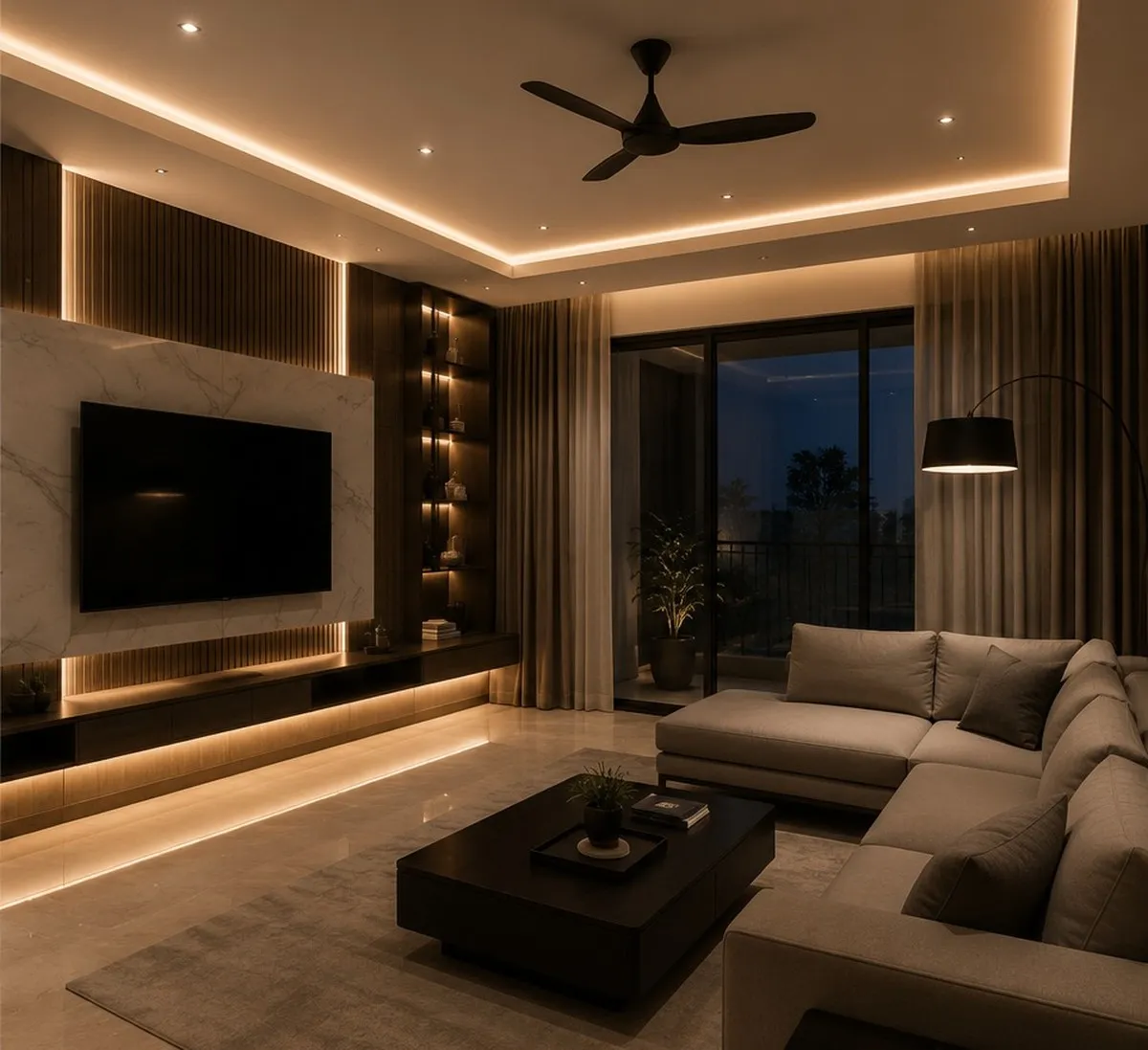 Layered lighting scene showing cove and recessed detail