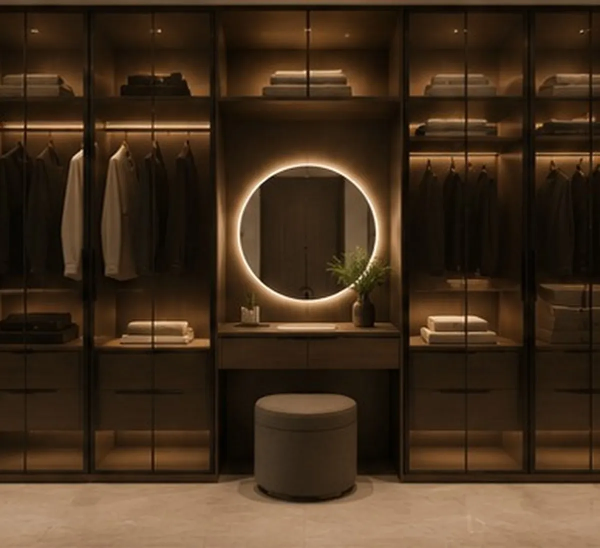 Walk-in wardrobe with a backlit vanity and tailored storage